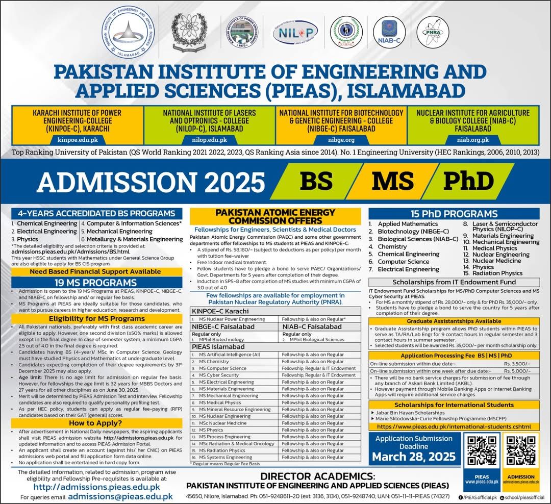 PIEAS BS/MS/PHD Fellowship 2025 – Apply Now