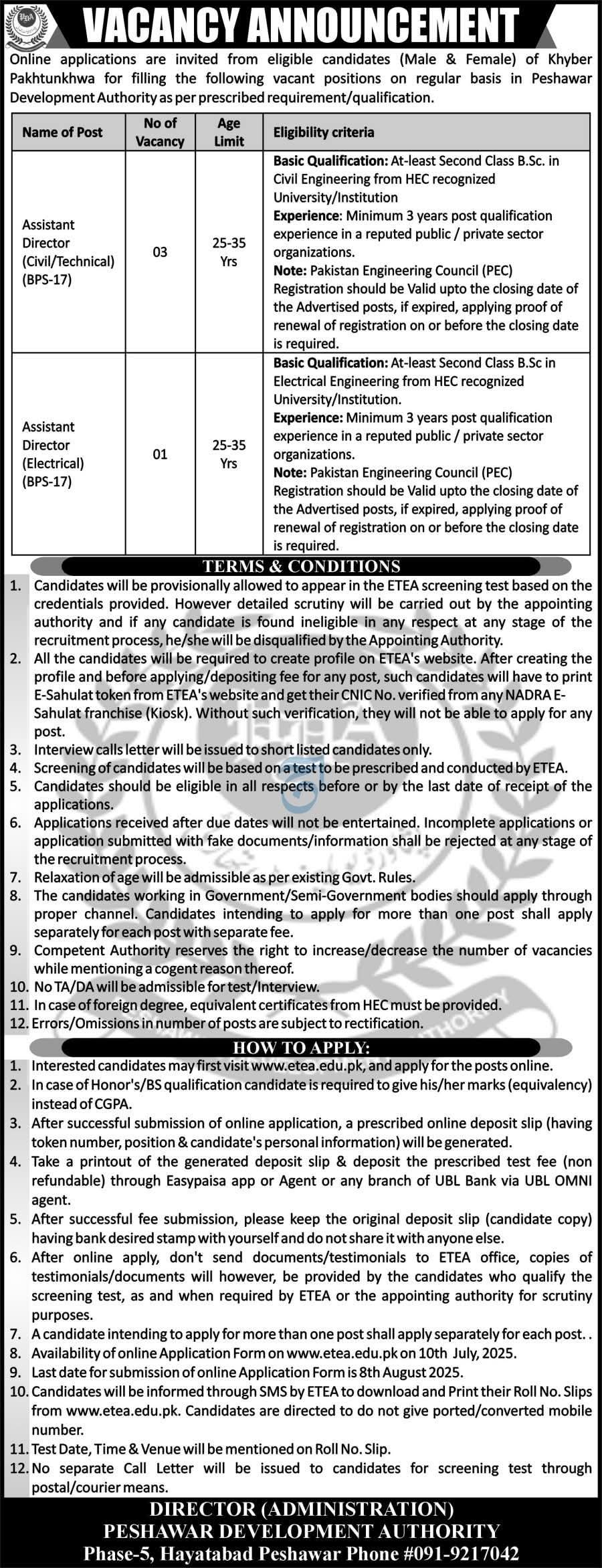 Peshawar Development Authority (PDA) Jobs 2025