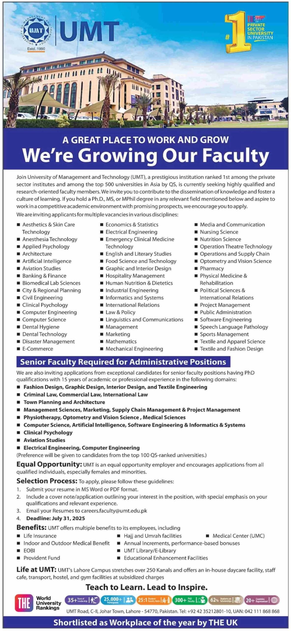 University of Management and Technology (UMT) Jobs 2025