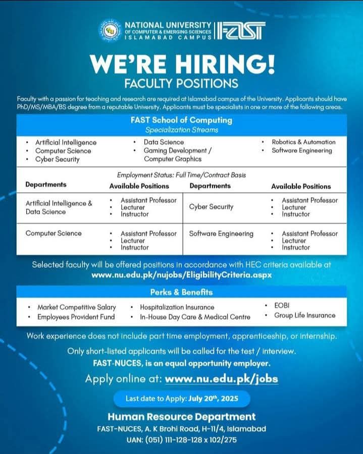 🎓 Faculty Positions Open at FAST-NUCES Islamabad