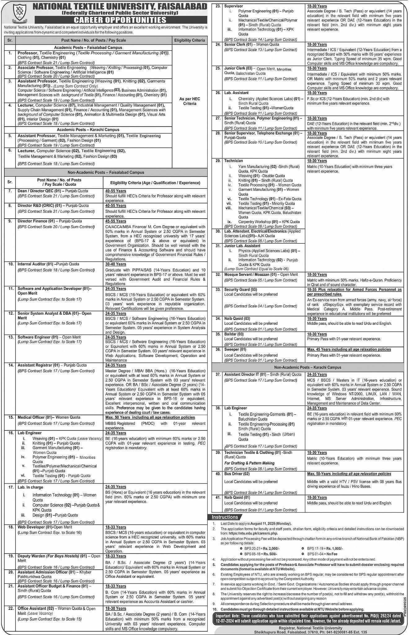 🚨 National Textile University Faisalabad Job Opportunities 2025
