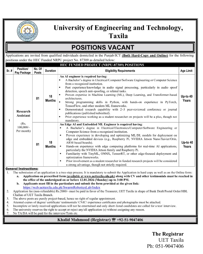 UET Taxila Jobs 2026