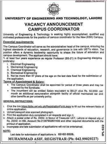 UET Lahore Jobs 2026